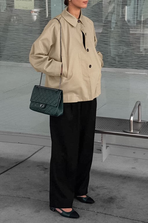 Oversized Point Collar Button Front Jacket - Khaki - 9