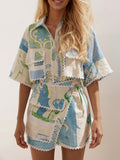 Patchwork Print Shirt And Wrap Skirt Set - Blue