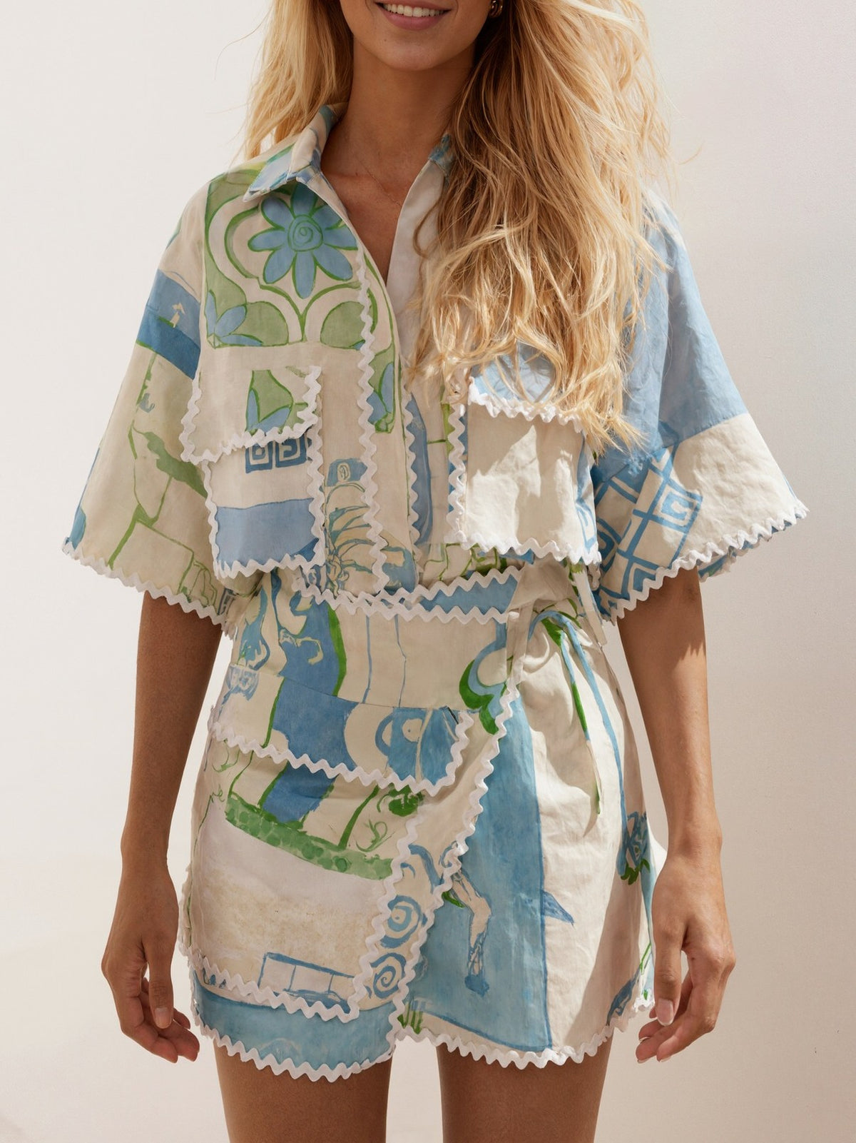 Patchwork Print Shirt And Wrap Skirt Set - Blue