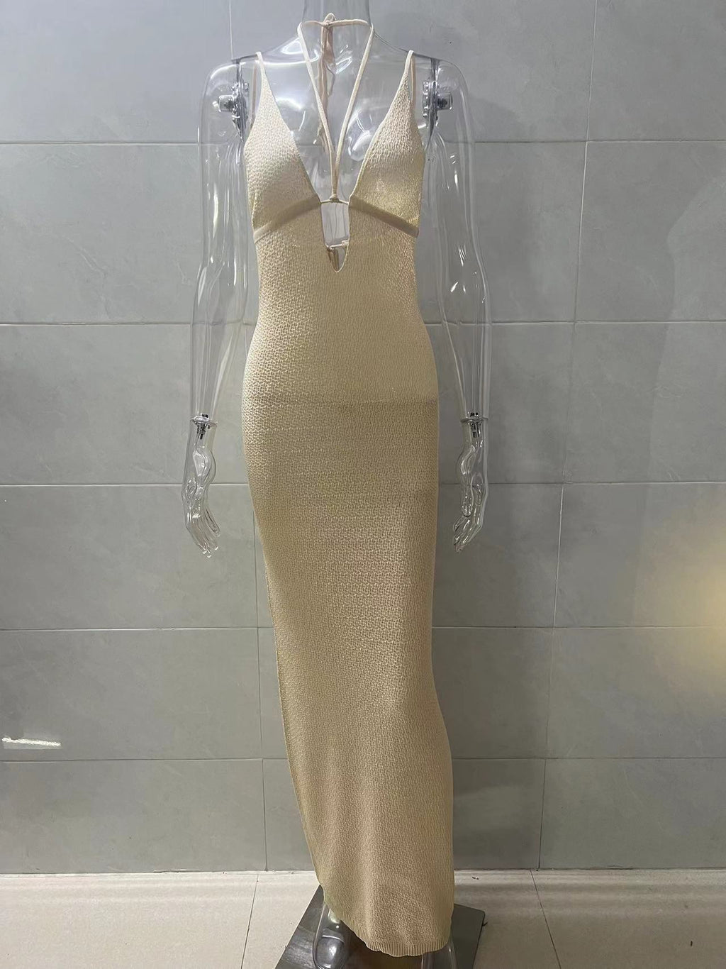 Plunge Neck Knit Maxi Beach Cover Up - Khaki - 3