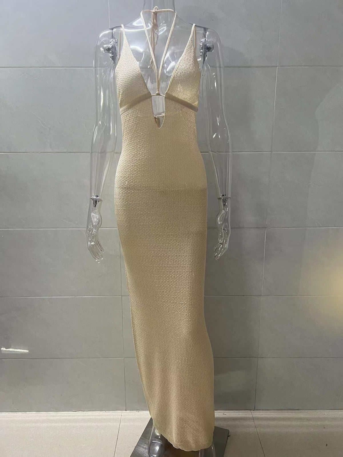 Plunge Neck Knit Maxi Beach Cover Up - Khaki - 3