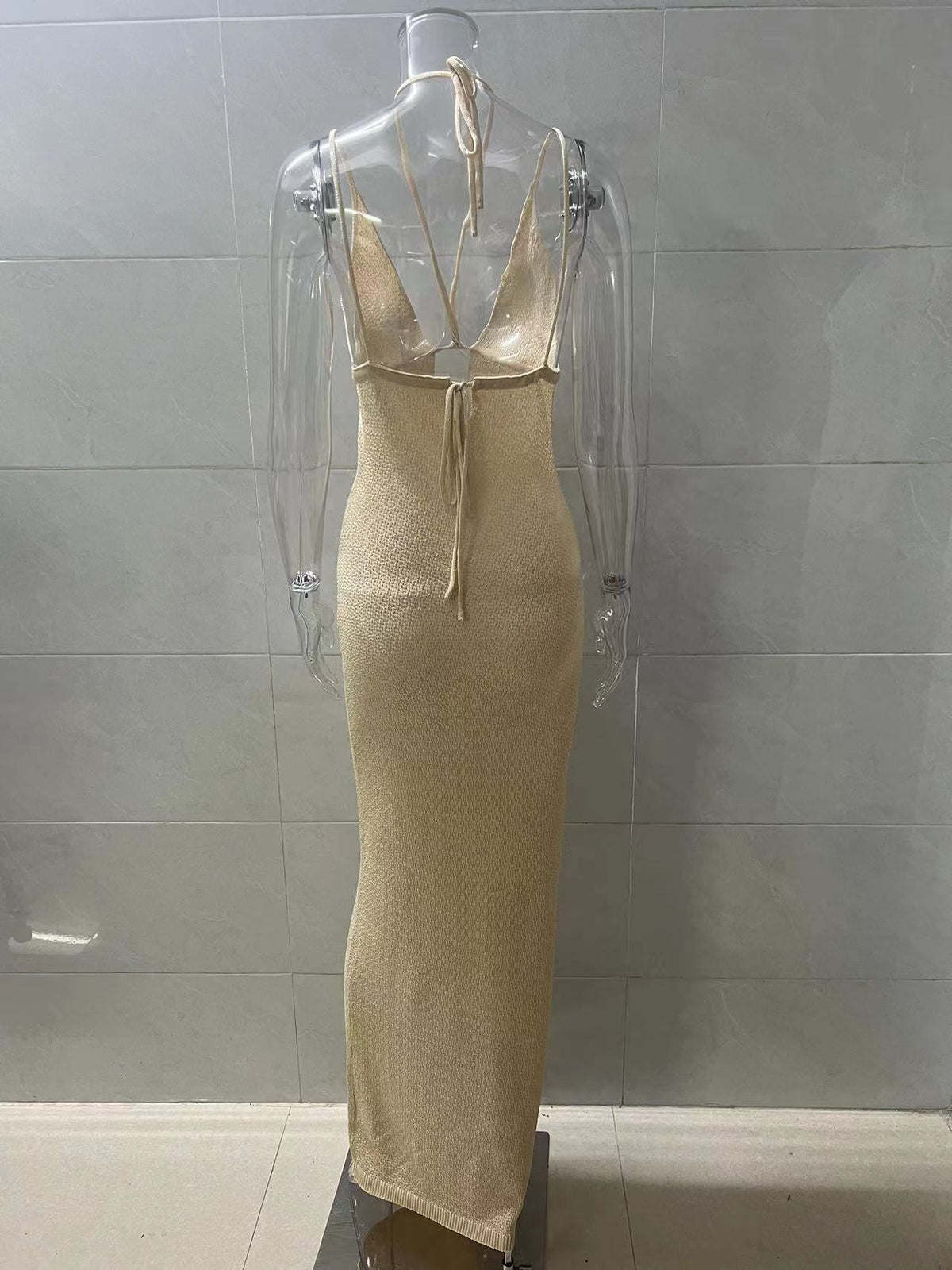 Plunge Neck Knit Maxi Beach Cover Up - Khaki - 4