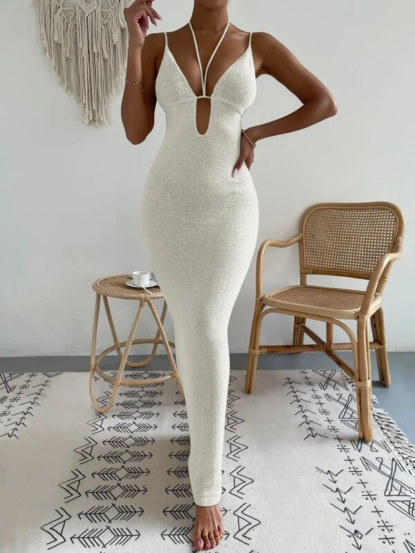 Plunge Neck Knit Maxi Beach Cover Up - White