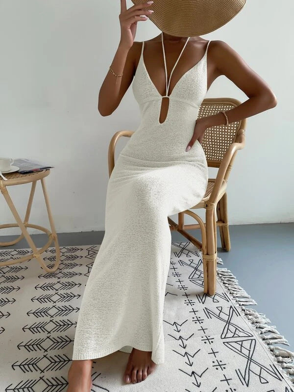 Plunge Neck Knit Maxi Beach Cover Up - White - 1