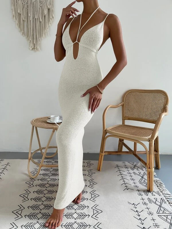 Plunge Neck Knit Maxi Beach Cover Up - White - 3