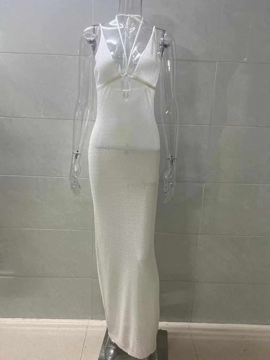 Plunge Neck Knit Maxi Beach Cover Up - White - 5
