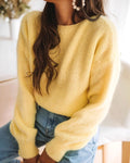 Crewneck Knit Sweater in Soft Brushed Yarn - Yellow