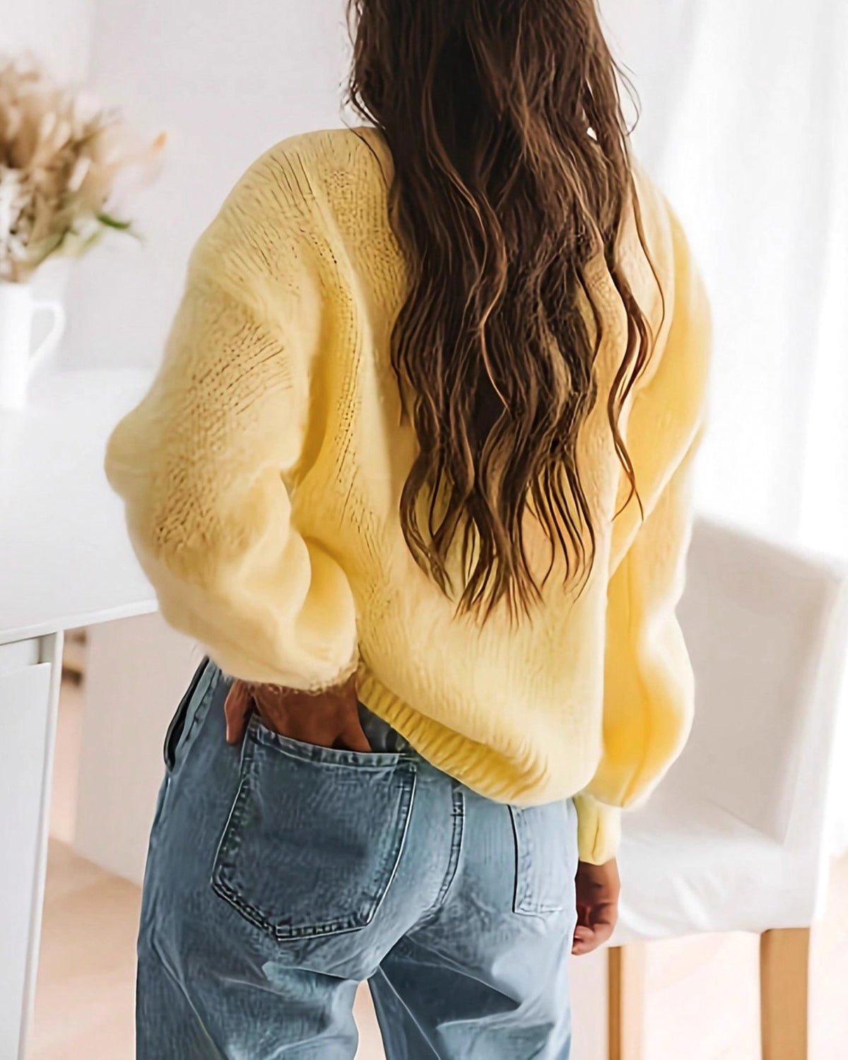 Crewneck Knit Sweater in Soft Brushed Yarn - Yellow - 1