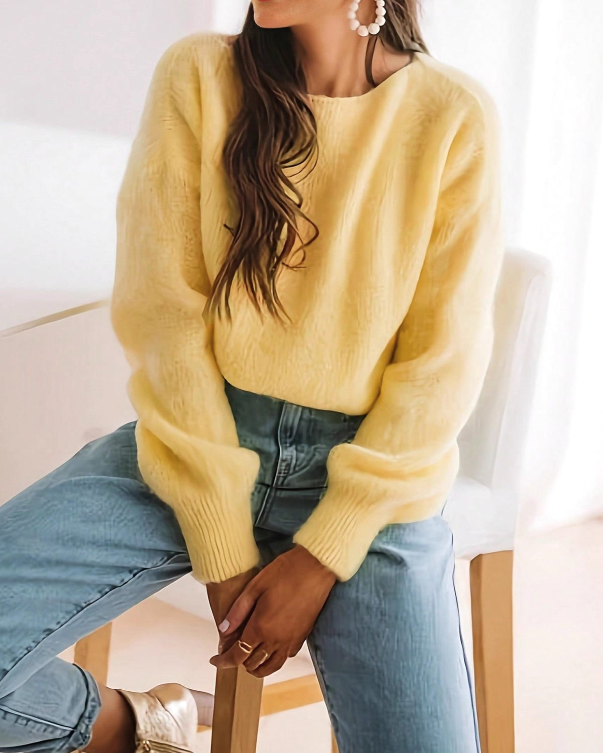 Crewneck Knit Sweater in Soft Brushed Yarn - Yellow - 2