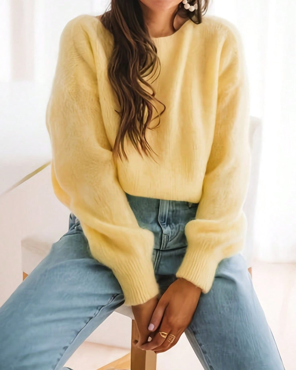 Crewneck Knit Sweater in Soft Brushed Yarn - Yellow - 3