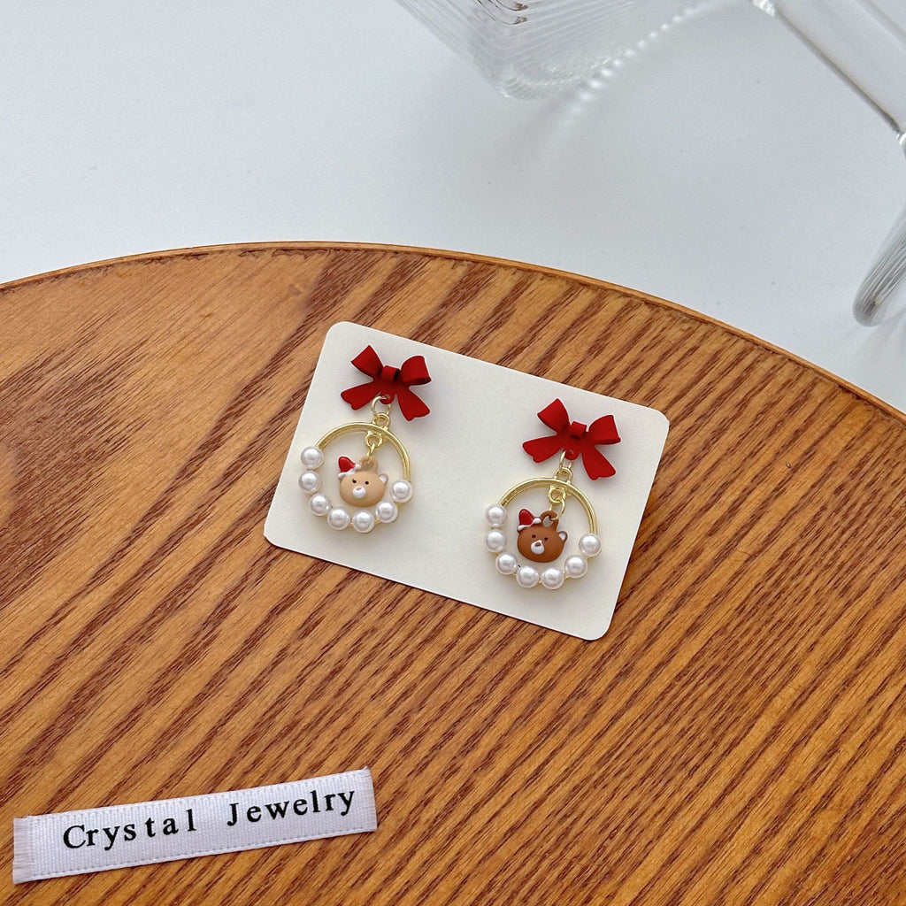 Bow and Pearl Drop Stud Earrings - Bear - 1