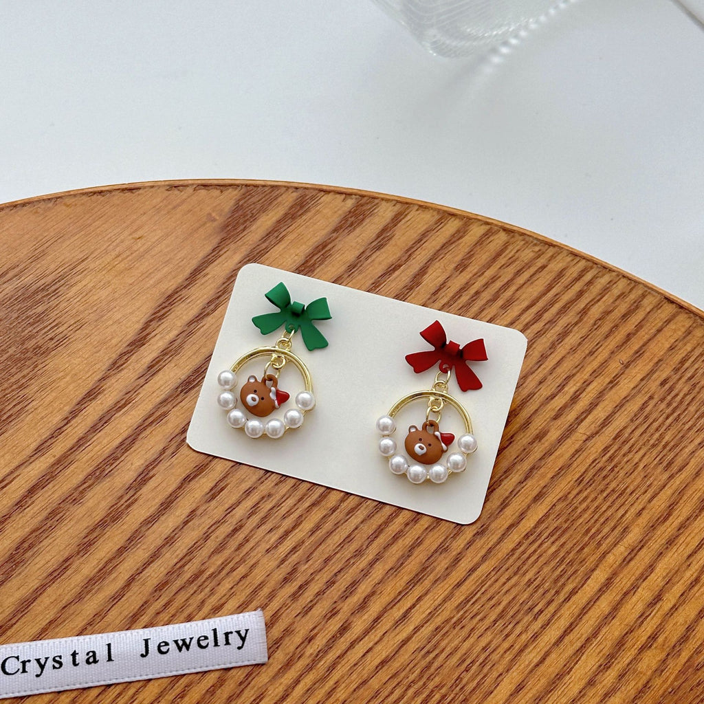Bow and Pearl Drop Stud Earrings - Bear - 2