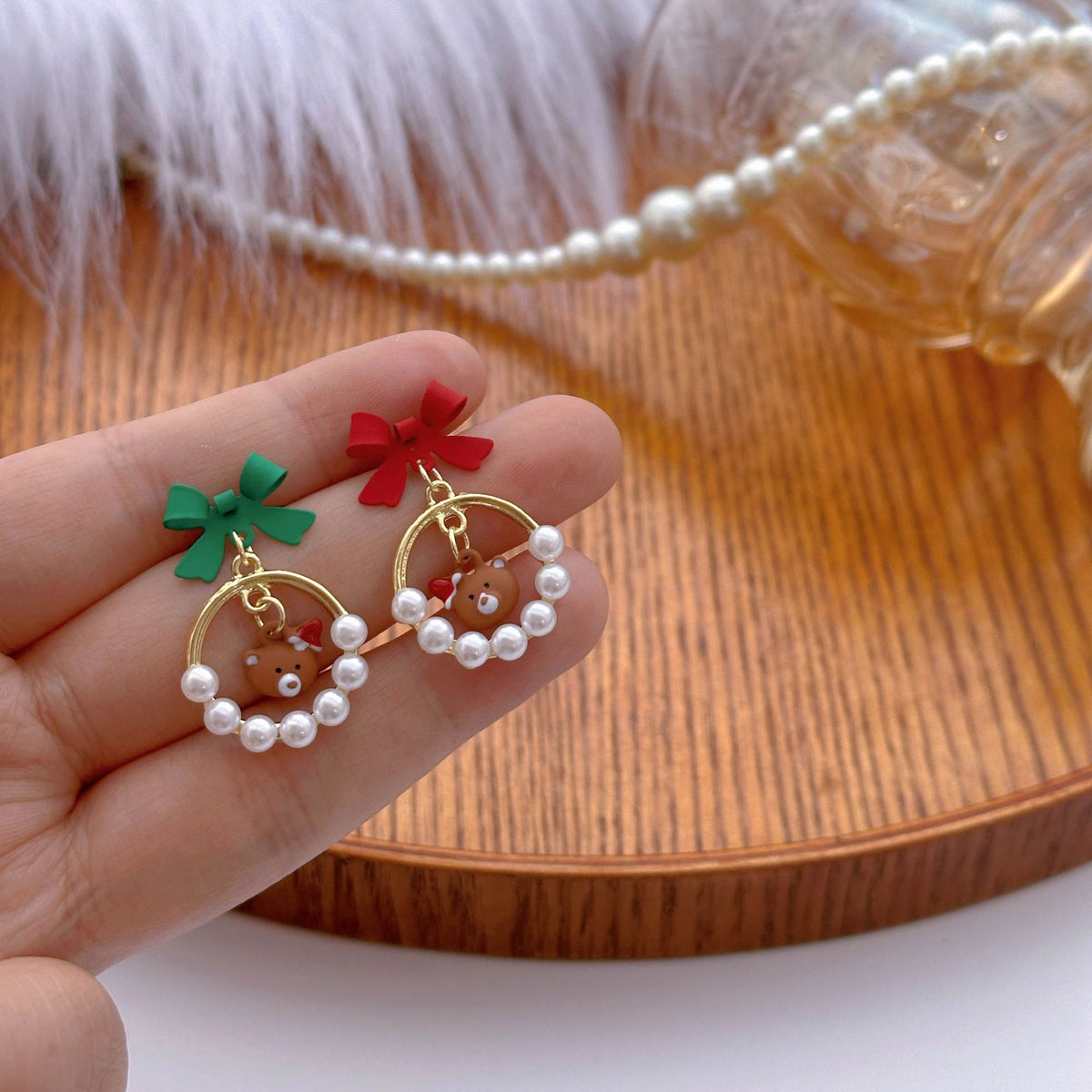 Bow and Pearl Drop Stud Earrings - Bear - 3