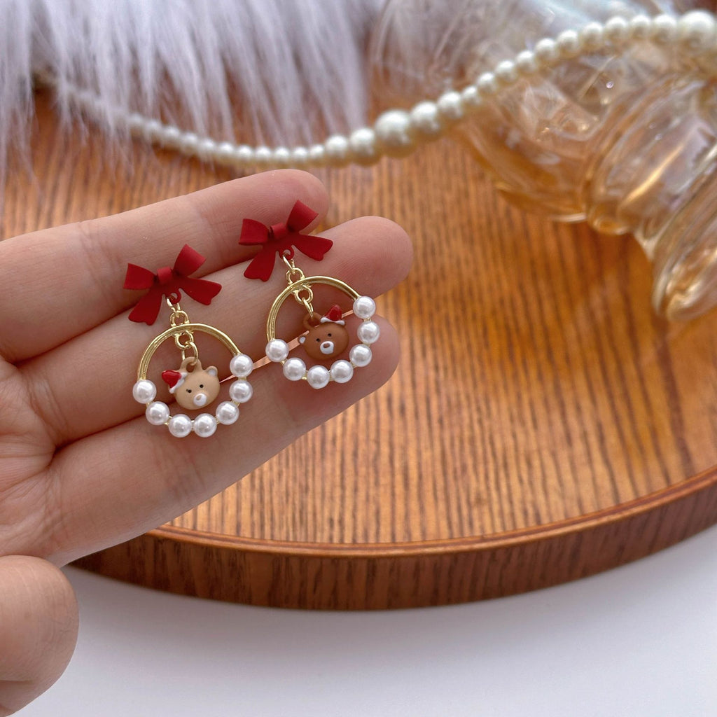 Bow and Pearl Drop Stud Earrings - Bear - 4