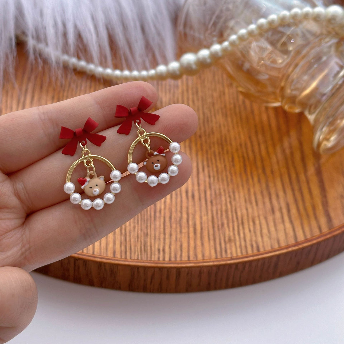 Bow and Pearl Drop Stud Earrings - Bear - 4