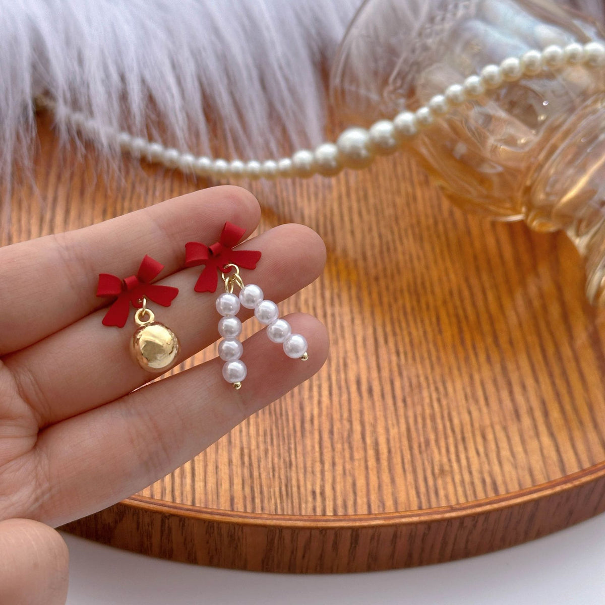 Bow and Pearl Drop Stud Earrings - Pearl - 2