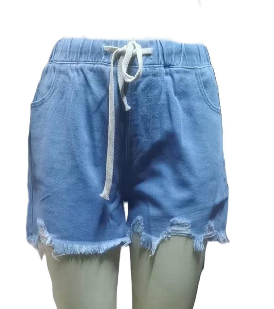 Frayed Hem Drawstring Denim Shorts - Blue