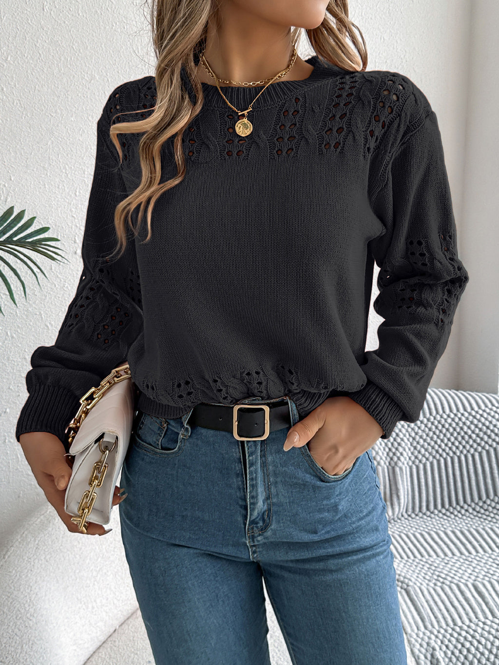Eyelet Scallop Hem Crewneck Sweater - Black