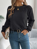 Eyelet Scallop Hem Crewneck Sweater - Black