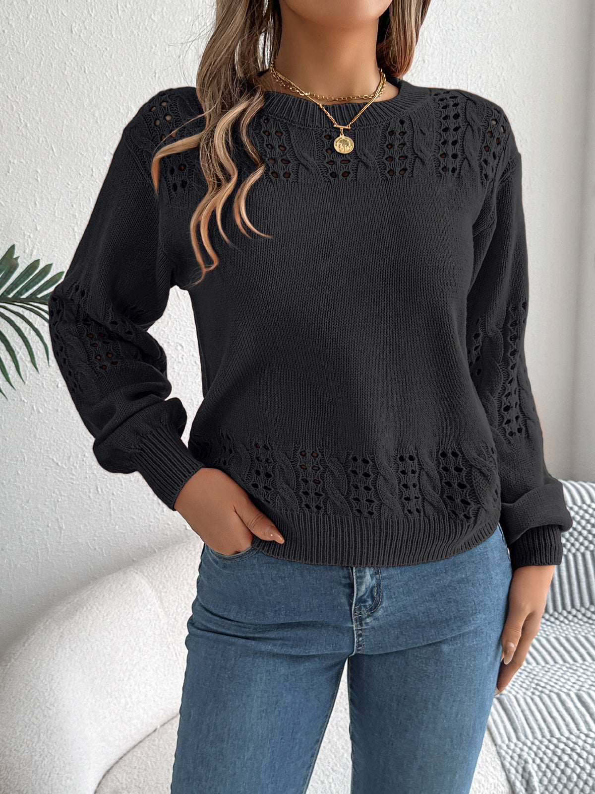 Eyelet Scallop Hem Crewneck Sweater - Black - 1