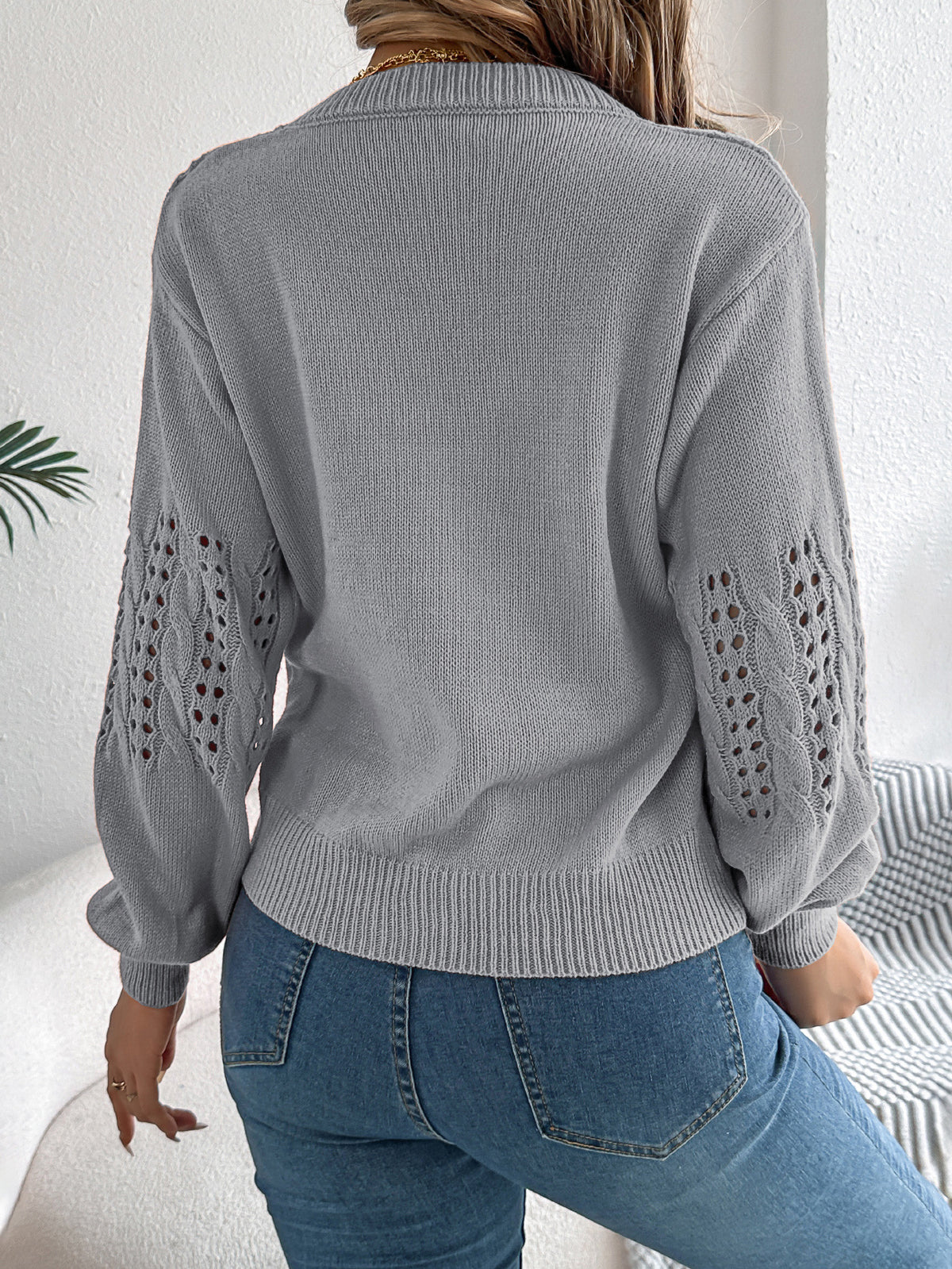 Eyelet Scallop Hem Crewneck Sweater - Grey - 2