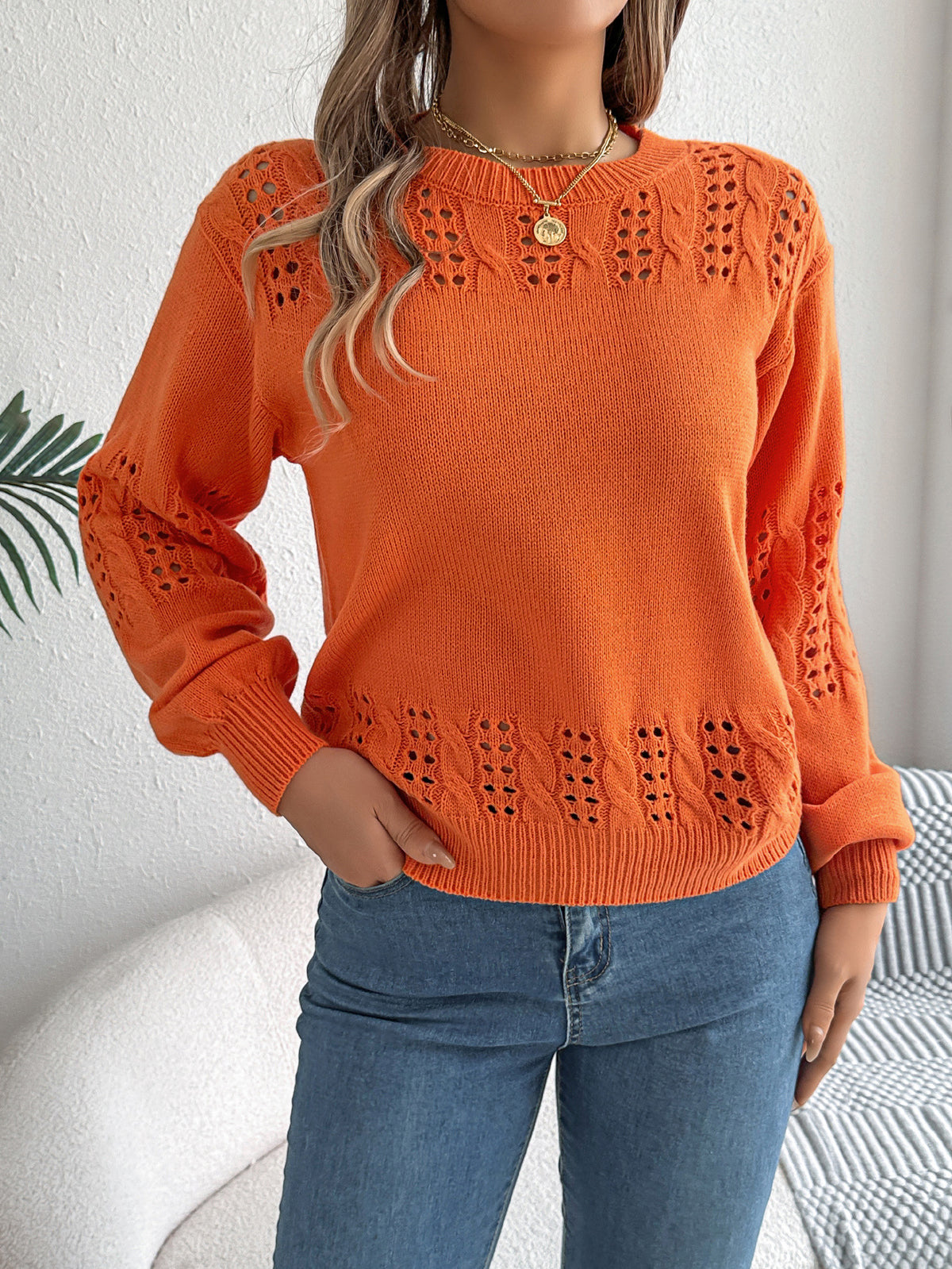 Eyelet Scallop Hem Crewneck Sweater - Orange