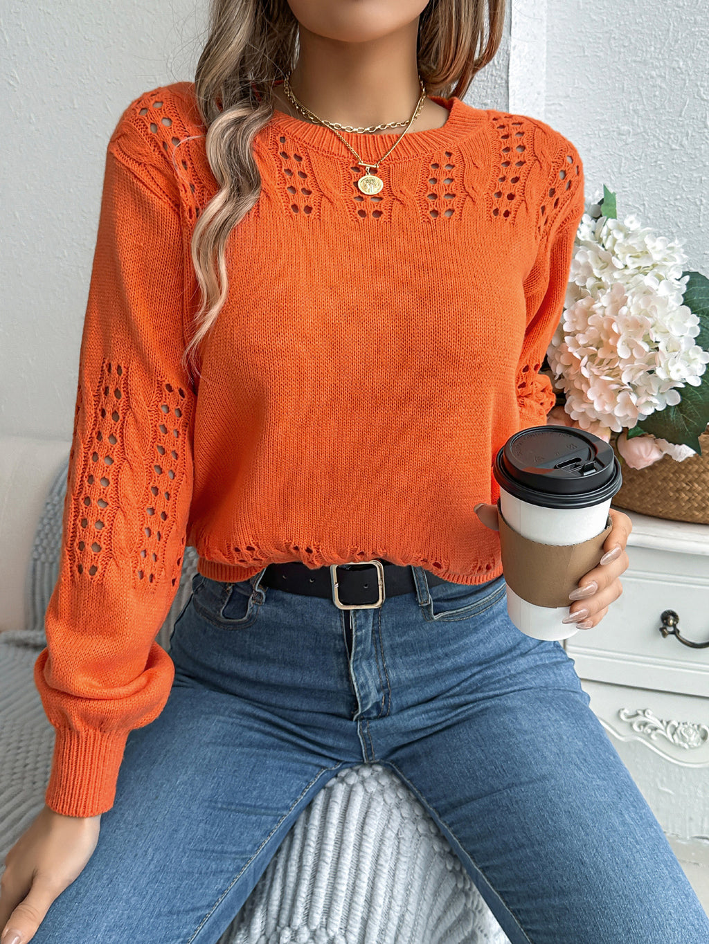 Eyelet Scallop Hem Crewneck Sweater