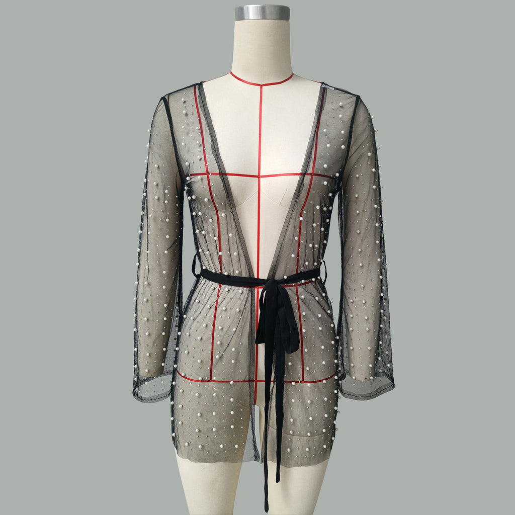 Beaded Mesh Tie Waist Beach Kimono - black - 1