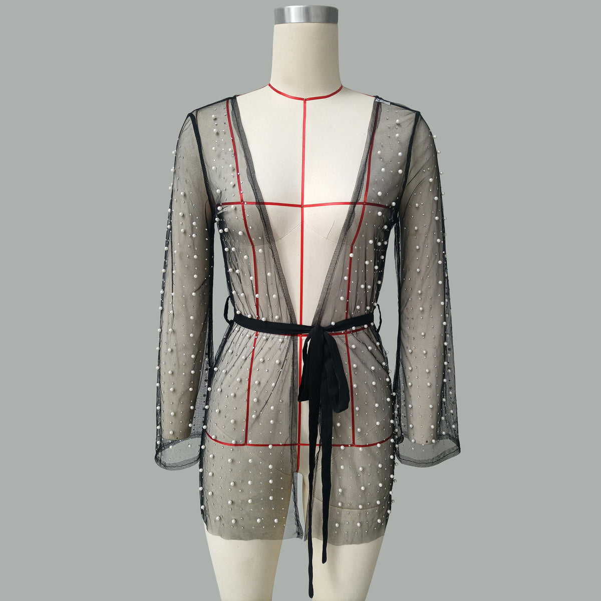 Beaded Mesh Tie Waist Beach Kimono - black - 1