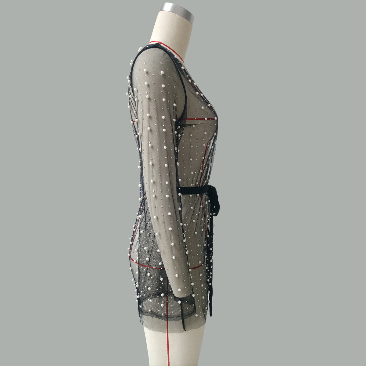 Beaded Mesh Tie Waist Beach Kimono - black - 2