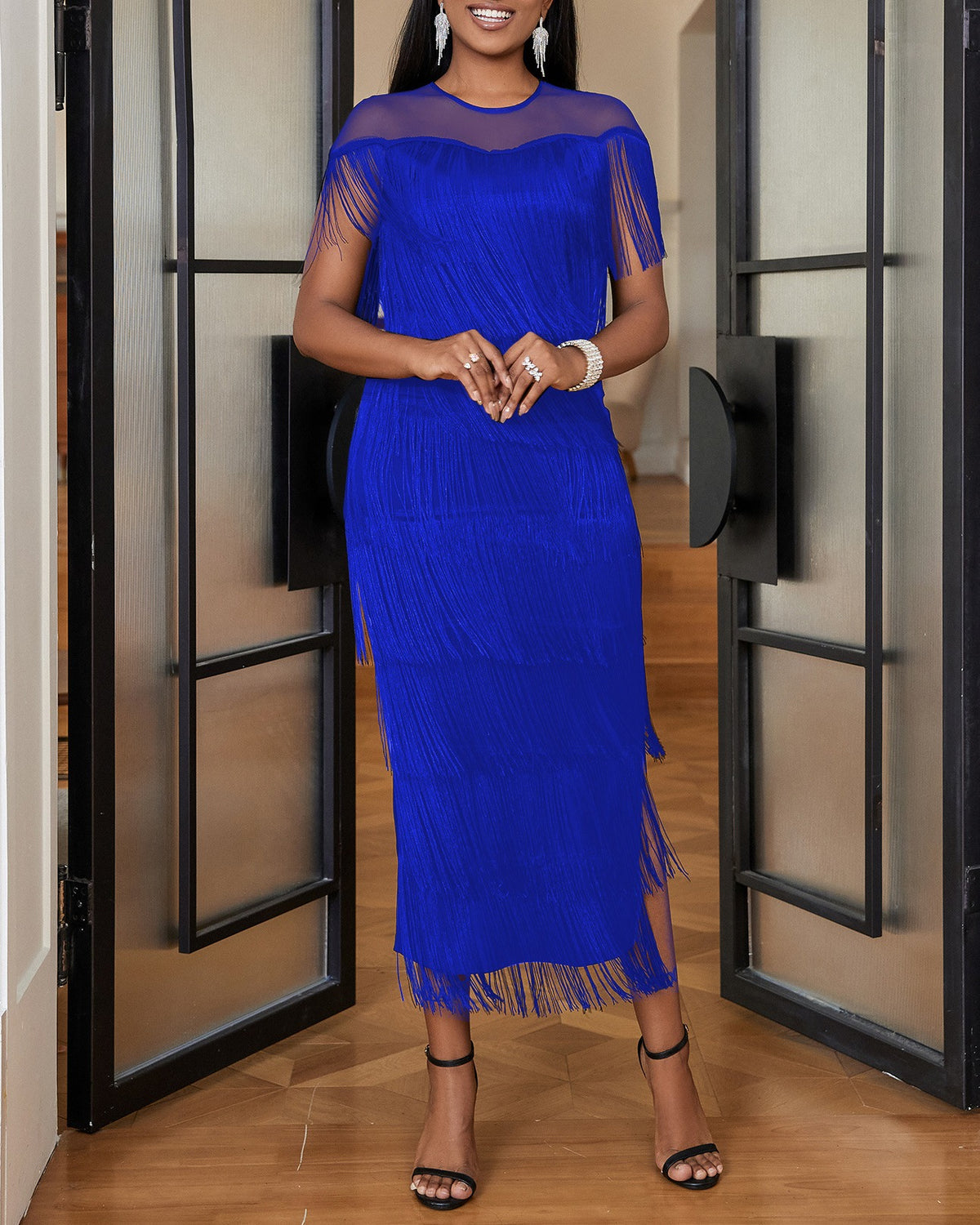 Fringe Mesh Yoke Side Slit Bodycon Midi Dress - Royal Blue