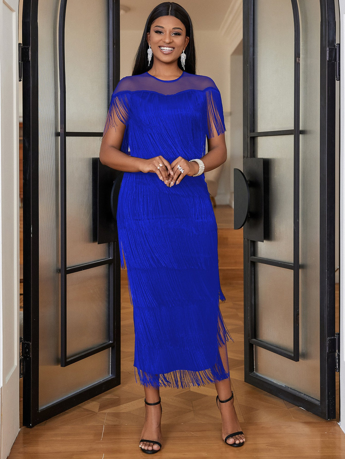Fringe Mesh Yoke Side Slit Bodycon Midi Dress