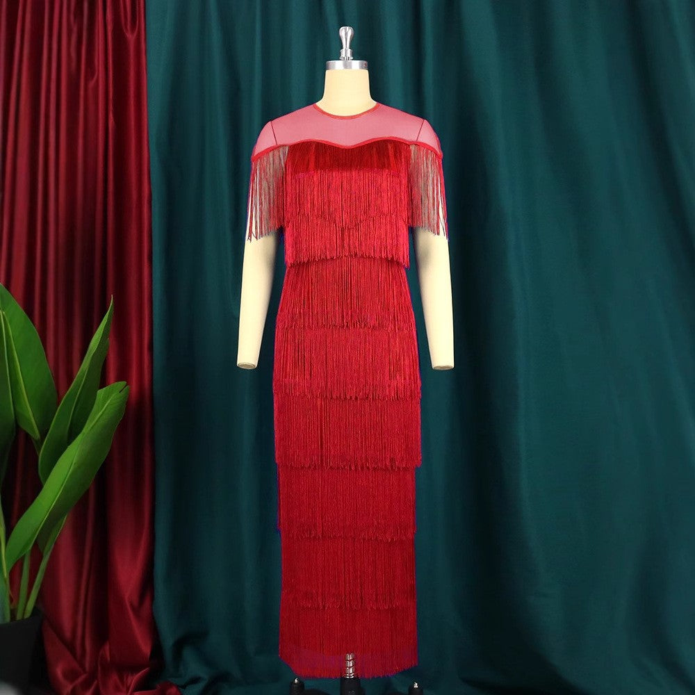 Fringe Mesh Yoke Side Slit Bodycon Midi Dress