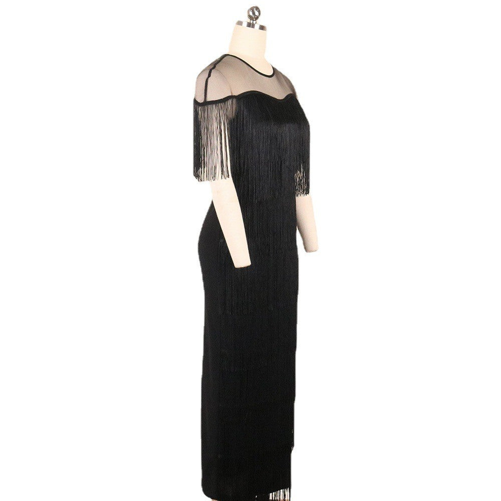 Fringe Mesh Yoke Side Slit Bodycon Midi Dress