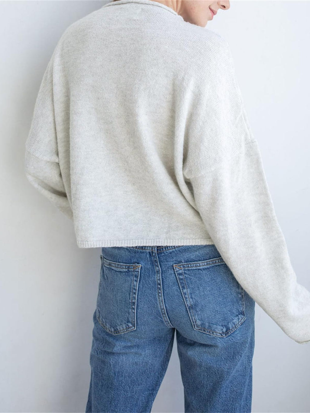 Slouchy Drop Shoulder Cardigan With Rolled Neck - White - 1