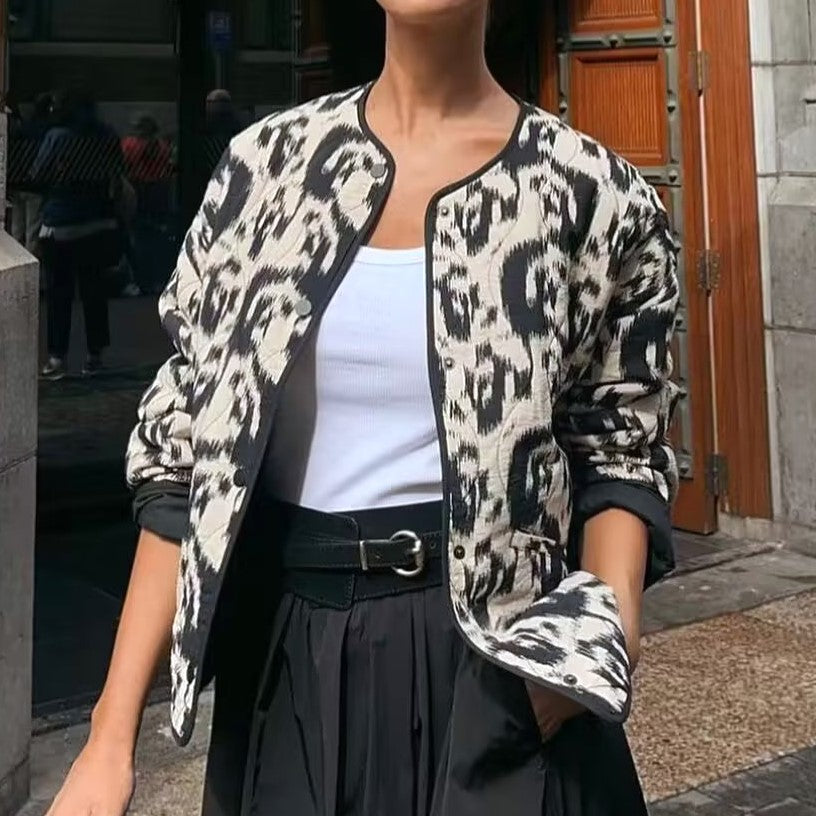 Ikat Print Collarless Quilted Jacket - Black