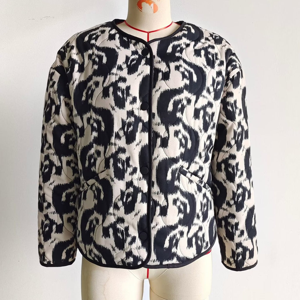 Ikat Print Collarless Quilted Jacket - Black - 1