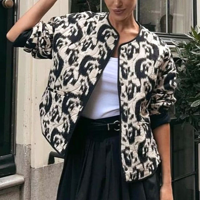 Ikat Print Collarless Quilted Jacket - Black - 4