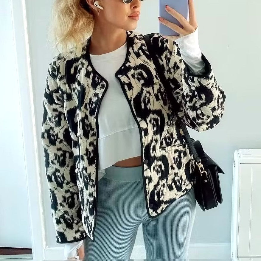 Ikat Print Collarless Quilted Jacket - Black - 5