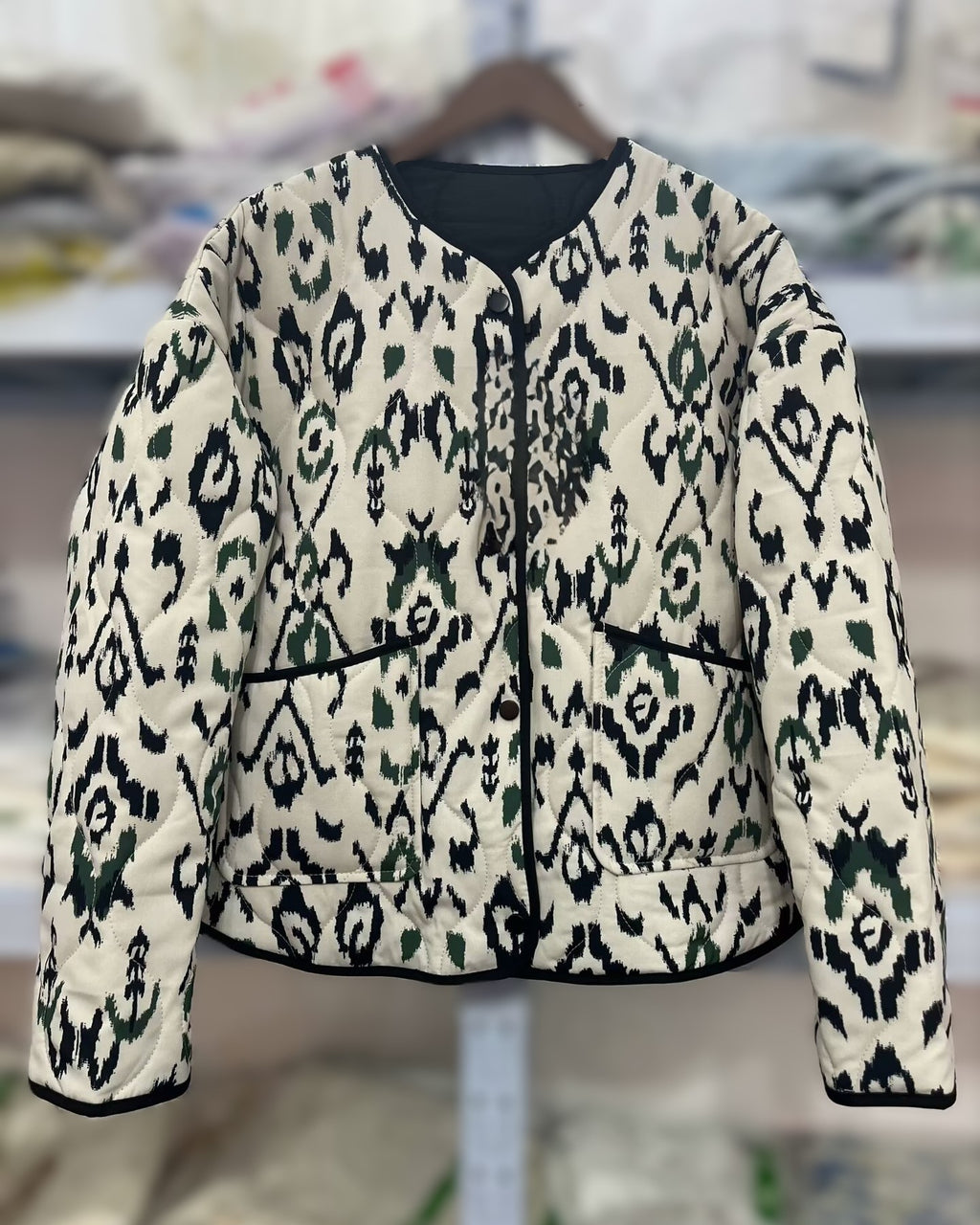 Ikat Print Collarless Quilted Jacket - DarkGreen