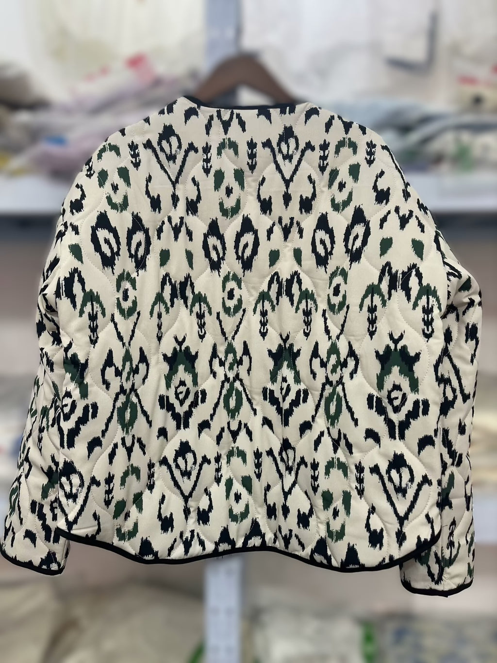 Ikat Print Collarless Quilted Jacket - DarkGreen - 1