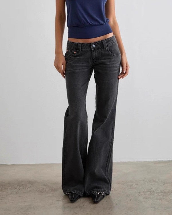 Low Rise Faded Flare Leg Jeans - Dark-Gray
