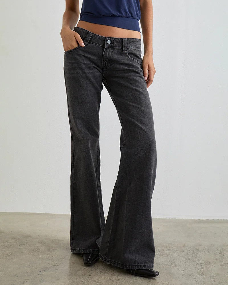 Low Rise Faded Flare Leg Jeans - Dark-Gray - 1