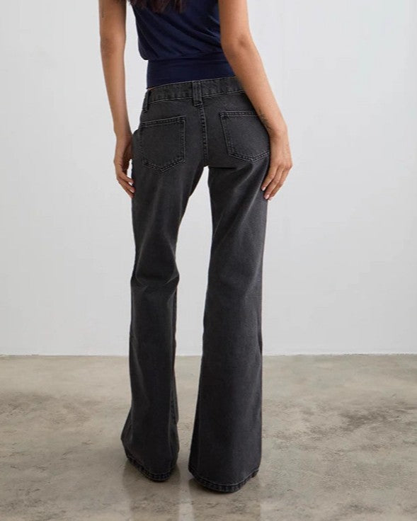 Low Rise Faded Flare Leg Jeans - Dark-Gray - 2