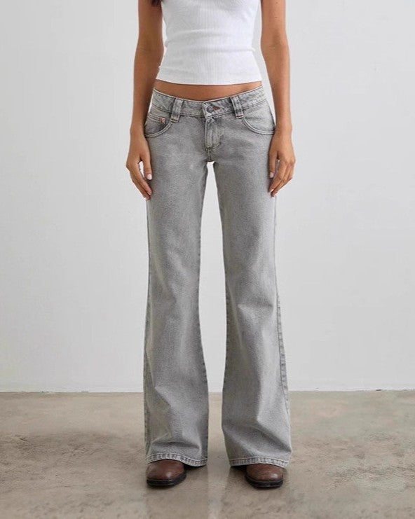 Low Rise Faded Flare Leg Jeans - Light-Gray