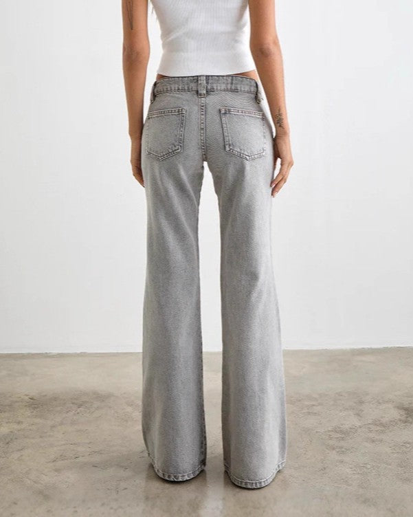 Low Rise Faded Flare Leg Jeans - Light-Gray - 1
