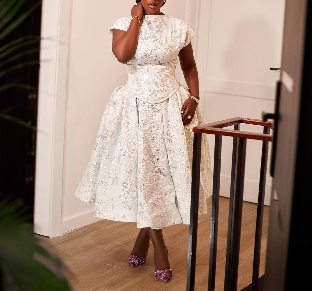 Jacquard Floral Peplum Tea Length Dress - White