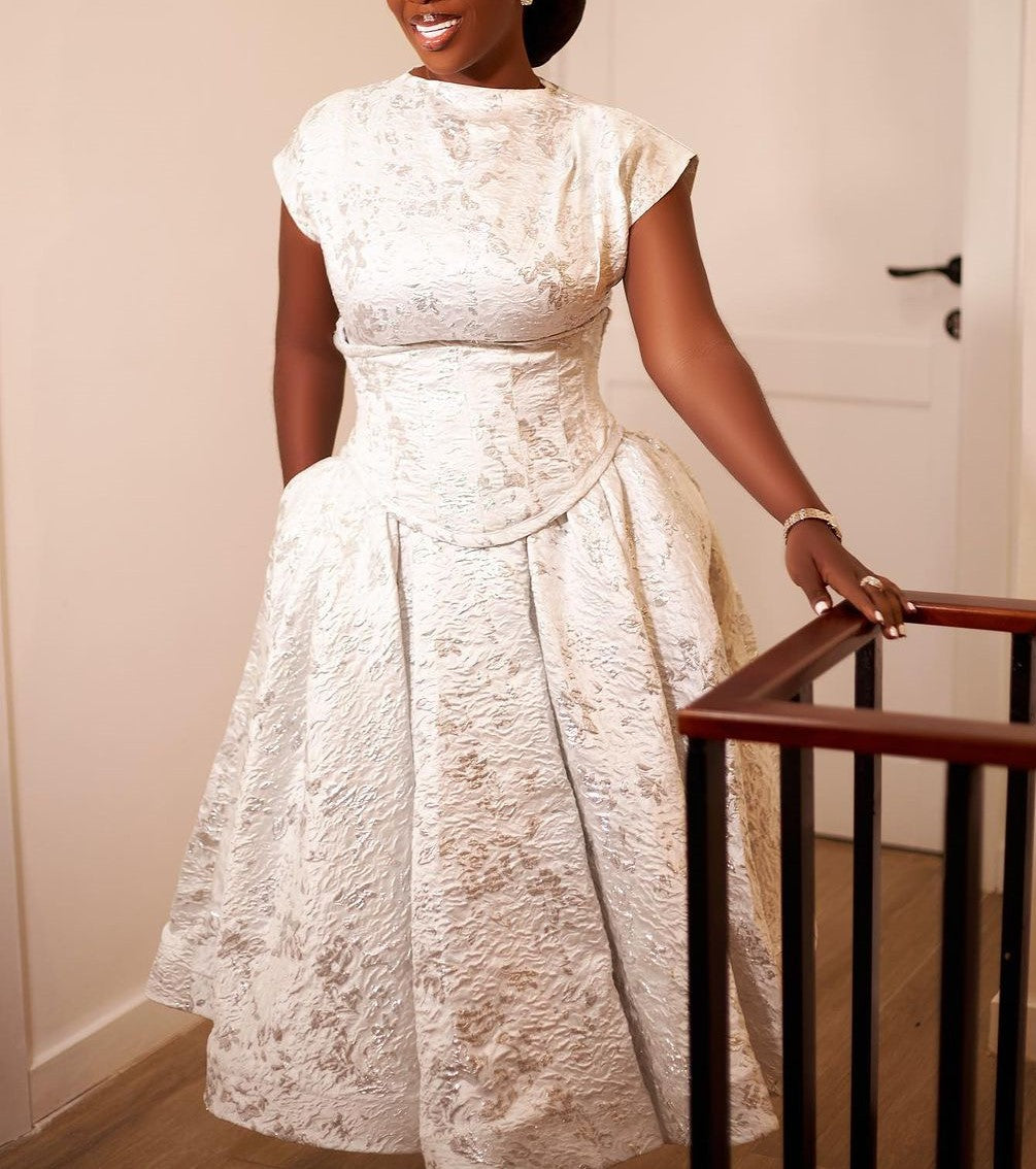 Jacquard Floral Peplum Tea Length Dress - White - 3
