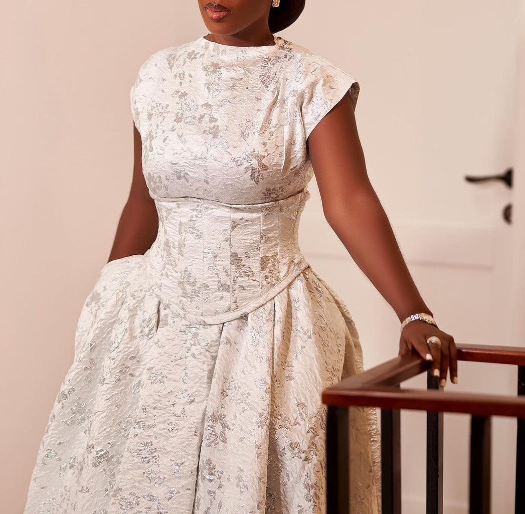 Jacquard Floral Peplum Tea Length Dress - White - 4