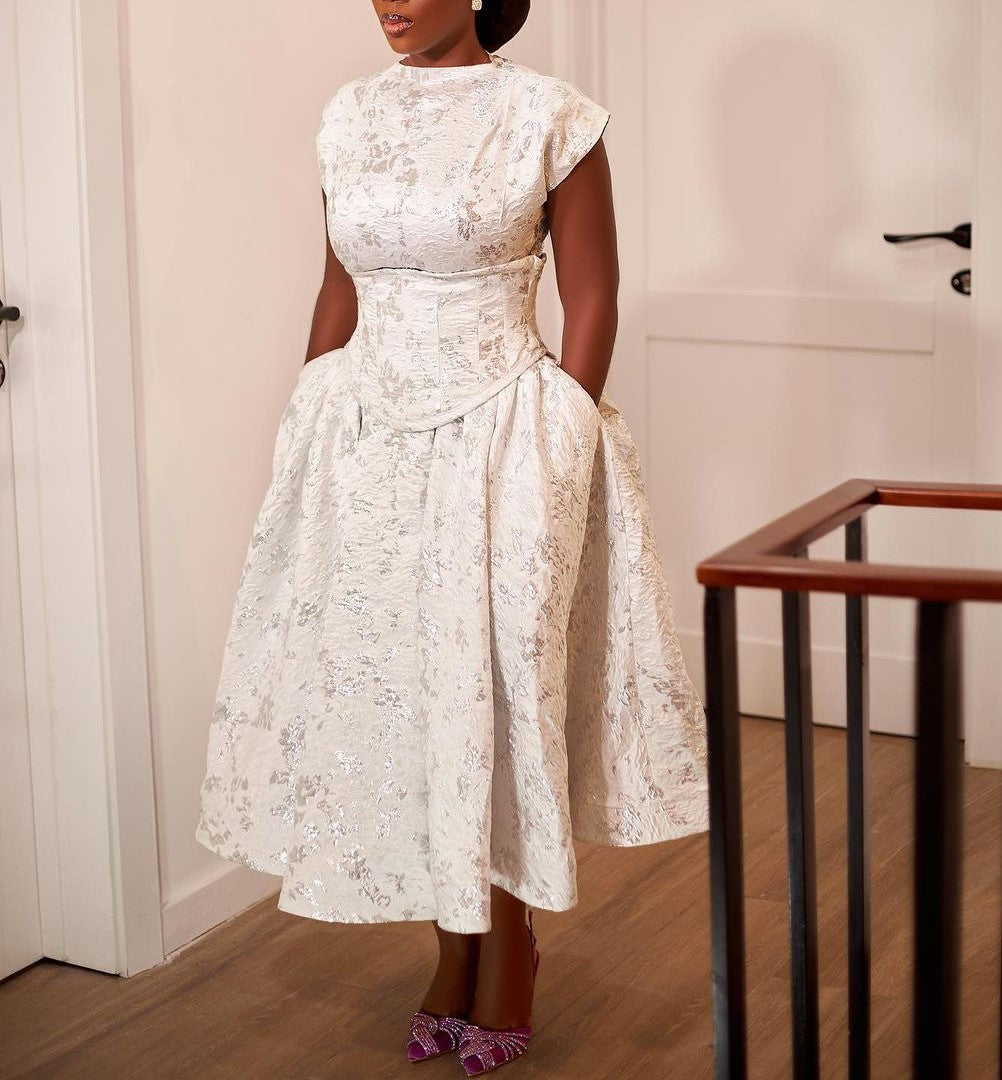 Jacquard Floral Peplum Tea Length Dress - White - 5